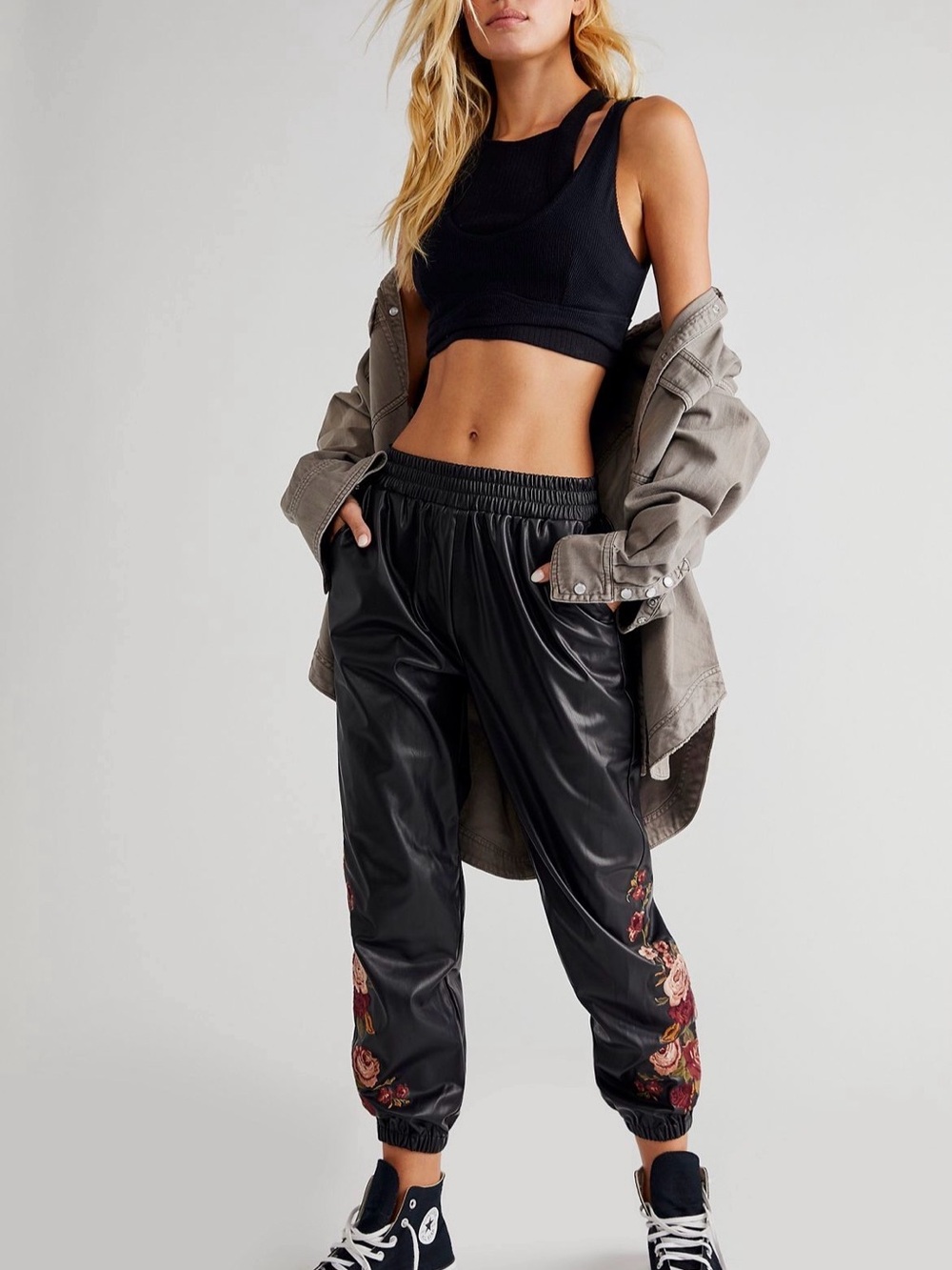 DRIFTWOOD Black Faux Leather Track Joggers with Rose Embroidery